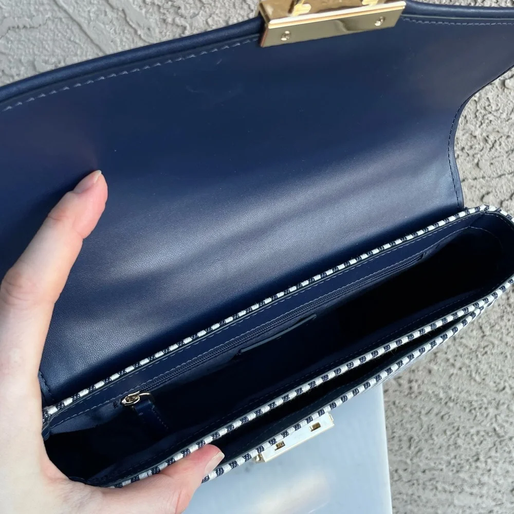 KATE SPADE Blue & White Striped Carey Medium Flap Striped Crossbody Shoulder Bag